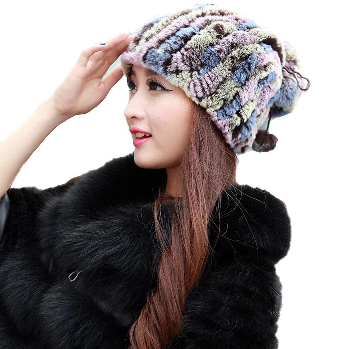 Women Real Rex Rabbit Fur Hat Cap Winter Warm Scarf Fox Pompom High Elastic