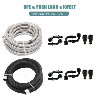 10ft Braided CPE Fuel Oil Line & 4/6/8/10/12AN Push Lock Hose End Fittings Kit