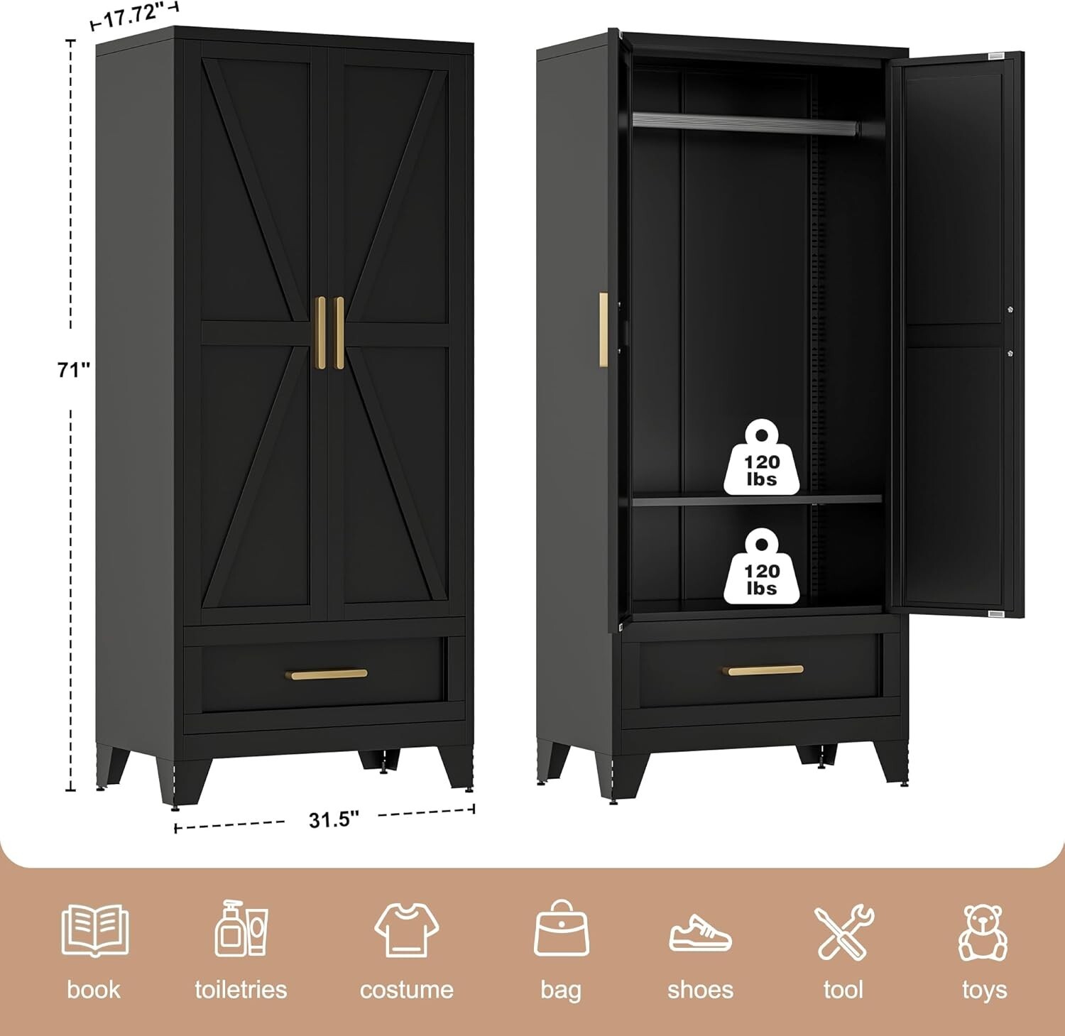 Cofar 71"H Farmhouse Style Metal Armoire Wardrode Closet For Home,Bedroom,Office