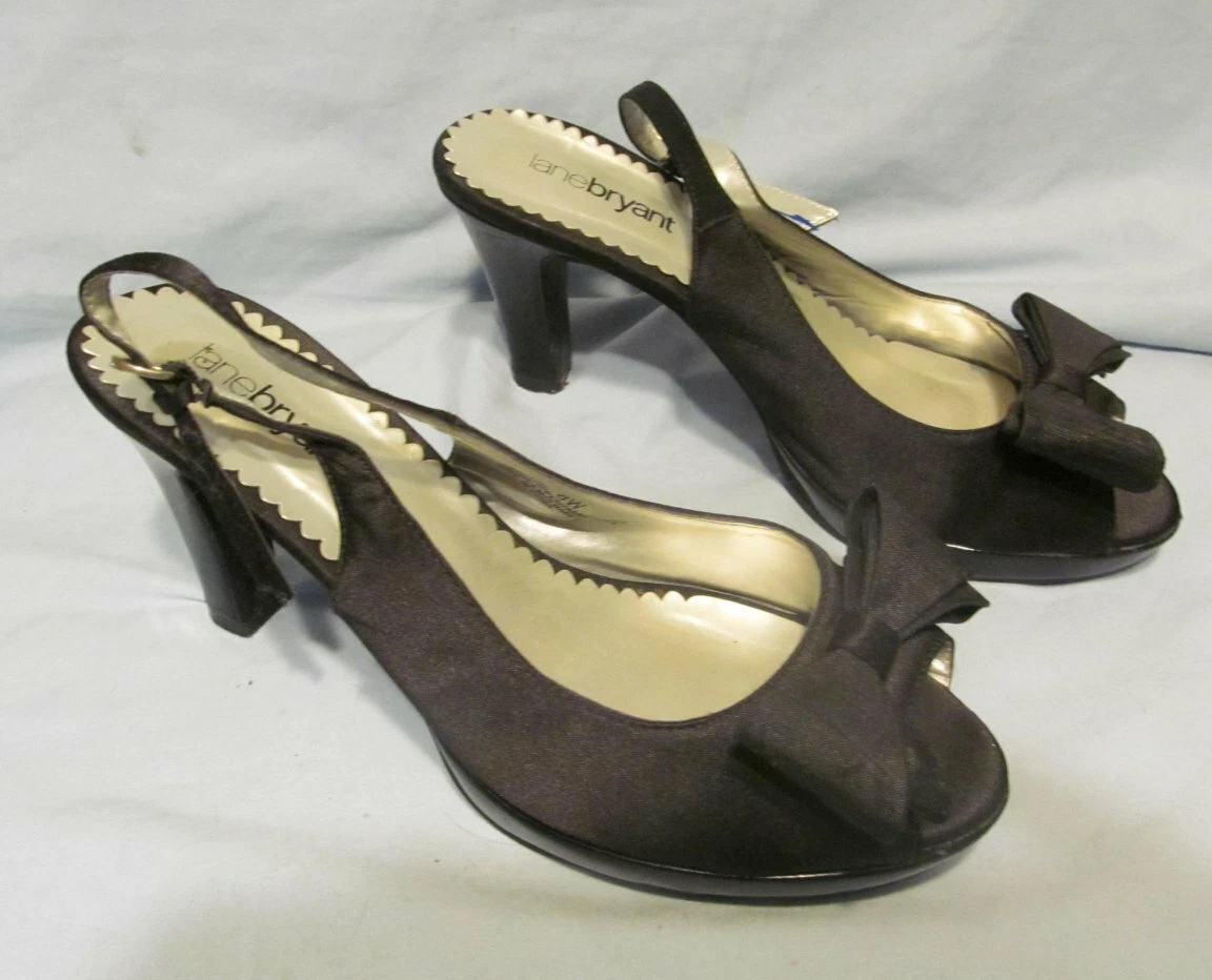 8 W Womens Lane Bryant Me Too Shoes Black Satin Bow Slingback Peep