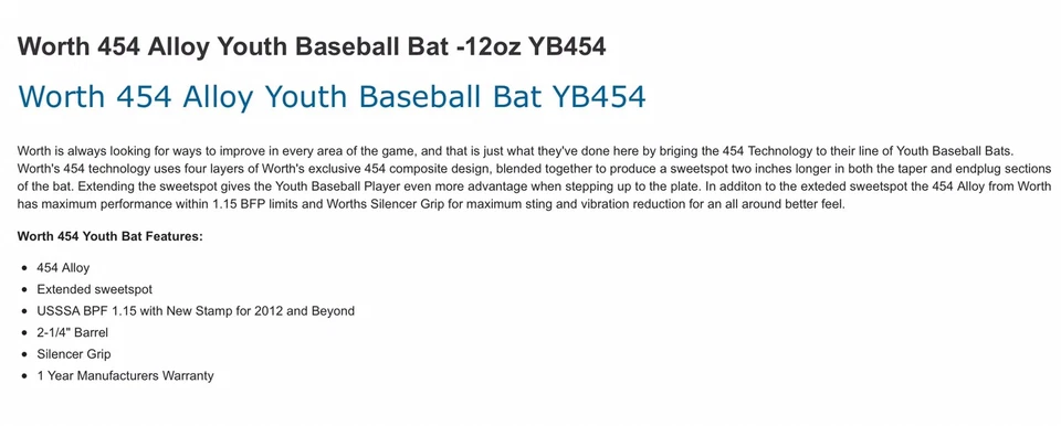 Bate de softbol juvenil Worth YB454 32’’ pulgadas/20 OZ. Foto 2 de 4