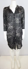 H&M Women's Tunic Top Black Print 3/4 Sleeve Button-up Slits Size S