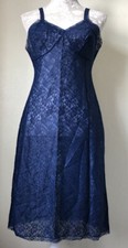 St Michael M&S Vintage Lace Slip Dress 36" Bust Navy Floral Midi Petticoat