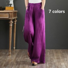 Lady Cotton Linen Wide Leg Pants Loose Retro Culottes Solid Casual Trousers Long