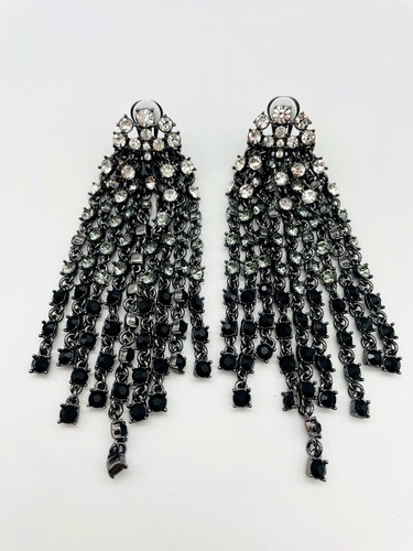 OSCAR DE LA RENTA 12 cm goutte gris clair noir cristal chaîne clip boucles d'oreilles - Photo 1 sur 15