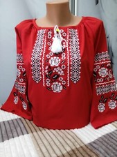 Vyshyvanka Embroidered Ukrainian Blouse chiffon red Sorochka Tradition shirt