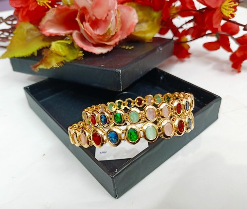 Indian CZ Multi Stone Studded Bangles Bracelets Gold Plated Party Wear Jewelry - Picture 6 of 6