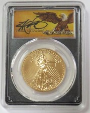 2019 W BURNISHED GOLD CLEVELAND SIGNED $50 AMERICAN EAGLE 1 OZ PCGS SP 70 FDOI 4950.00 per troy oz