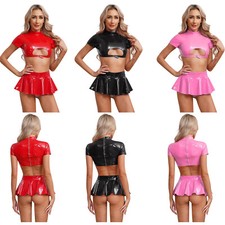 Womens Set Masquerade Outfit A-Line Clubwear 2pcs Crop Top Pole Dance Skirt