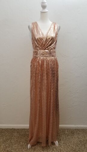 KATE KASIN SIZE 8 ROSE GOLD SEQUINED LONG FORMAL EVENING GOWN DRESS - Picture 4 of 14