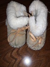 EUC Ralph Lauren Moccasin leather bootie slipper fur side zip lace brown Sz 3