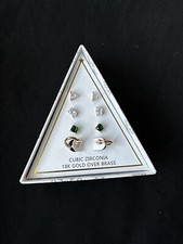 NWT Macy's 18K Gold Plated Set of 4 Earrings Emerald Green Cubic Zirconia $50
