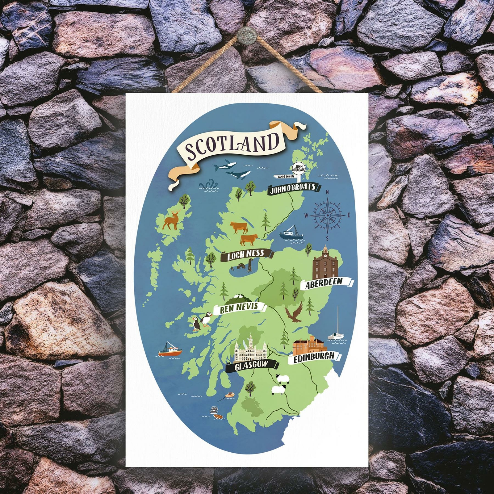 FEATURE MAP OF SCOTLAND ON SCOTLAND THEME WOODEN HANGING PLAQUE
