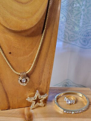 Vintage Gold Tone Rhinestone Costume Jewelry Lot | Pin, Ring, Necklace, Bracelet