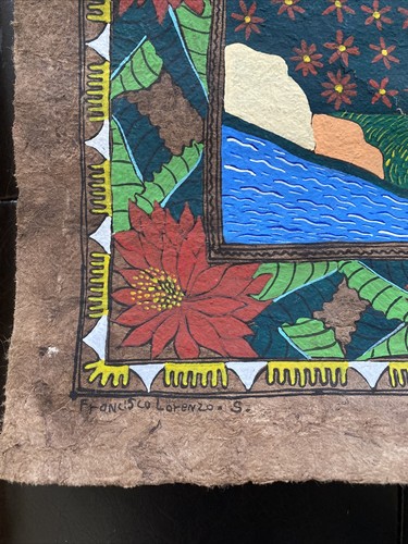Mexican Folk Art Amate Bark Painting by Francisco Lorenzo Signed 21"x28" - Picture 12 of 13