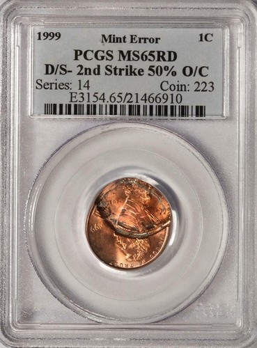 1999 PCGS MS65RD Double Struck 2nd 50% Off Center Lincoln Cent Mint Error - Picture 3 of 4