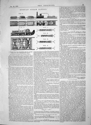 Antiker alter Druck 1863 russischer Dampfschlitten Schlepper Zeichnung schwere Lasten Eis Schnee