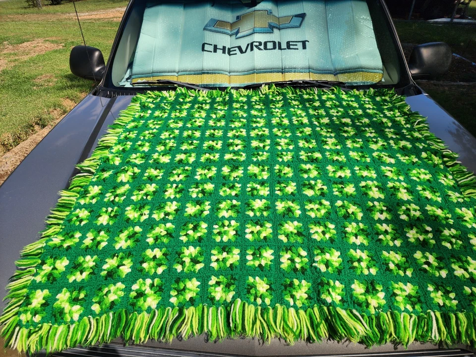 50" Fringed Square Vintage Handmade Green Afghan Tight Knit  Irish Dream - Image 3 of 4