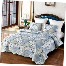 Floral Patchwork Quilt Set, Full 3 Piece Bedding Set with 2 Queen Size Blue