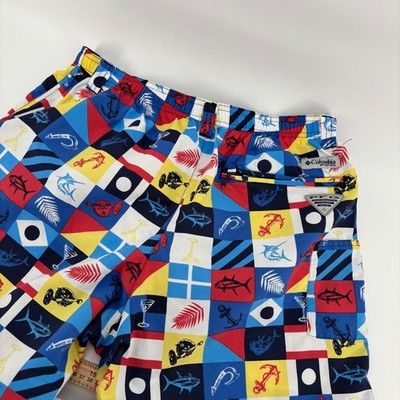 Columbia PFG Fishing Shorts Mens M Multicolor Nautical Patchwork Excellent 8in