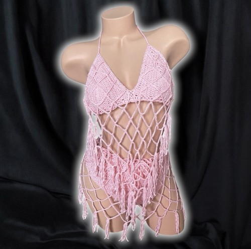Pink Crochet Two-Piece Bikini Beach Pool Party Festival Coachella Cover-Up Set - Picture 2 of 6