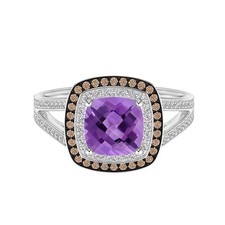 6 MM Cushion Double Halo Amethyst Split Shank 925 Sterling Silver Bridal Ring