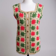 70s Vintage Grannycore Tan Multi Granny Square Crocheted Button Front Vest S/M
