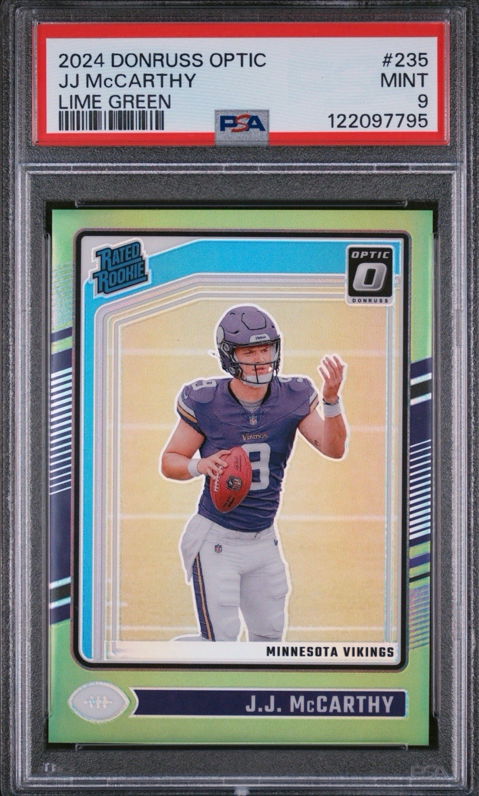 2024 Donruss Optic Rated Rookie Lime Green Prizm #235 JJ McCarthy 42/50 PSA 9 MT