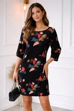 Boden Black Floral Shift Dress UK 8 3/4 Sleeve Knee Length Work Office RRP £79 