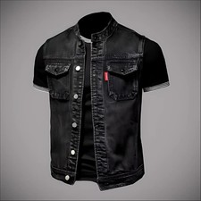 Mens Thick Denim Motorcycle Vest with Band Co...