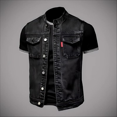 Men's Thick Denim Motorcycle Vest with Band Collar