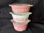 PYREX Pink & White Gooseberry Cinderella Casserole Set Glass Lids 471 472 473