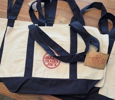 Trader Joe's Canvas Reusable Tote Bag Navy Blue Cream Heavy Duty Shopper NWT