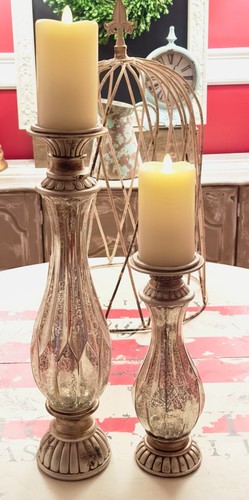 Pair of Brushed Aged Nickel & Champagne Mercury Glass Pillar Candle Holders - Picture 13 of 20