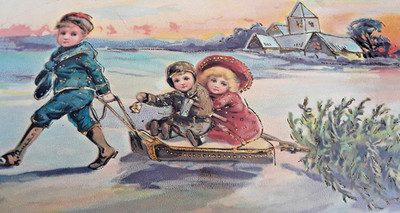 Christmas Postcard Darling Children, Sled, Tree, Gold Accent, Glaedelig Jul VTG