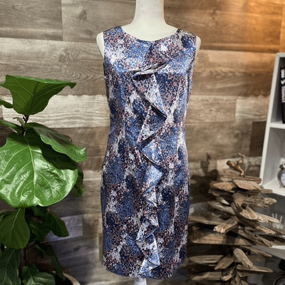Julie Chaiken for anonymity ruffled front blue sleeveless floral sheath dress -