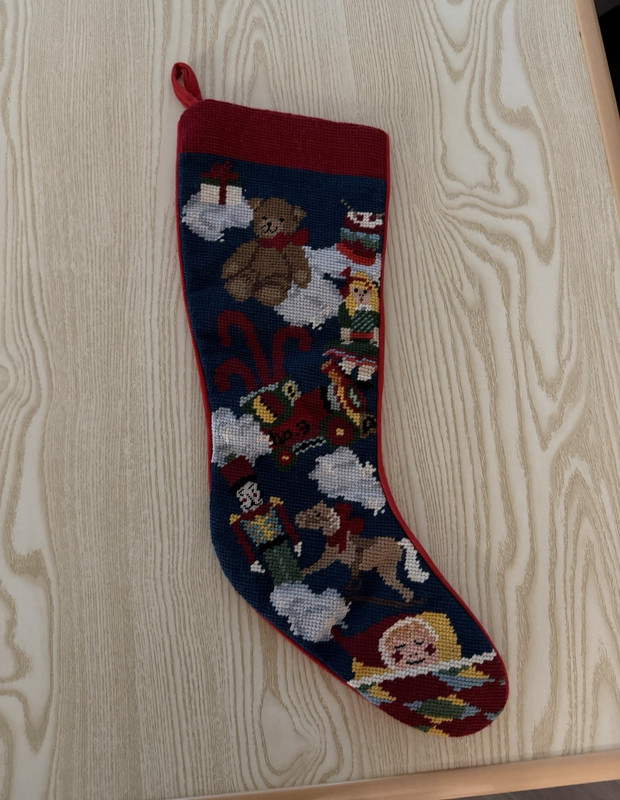 Sferra Needlepoint Embroidered Christmas Stocking Large Red Blue Teddy Bear