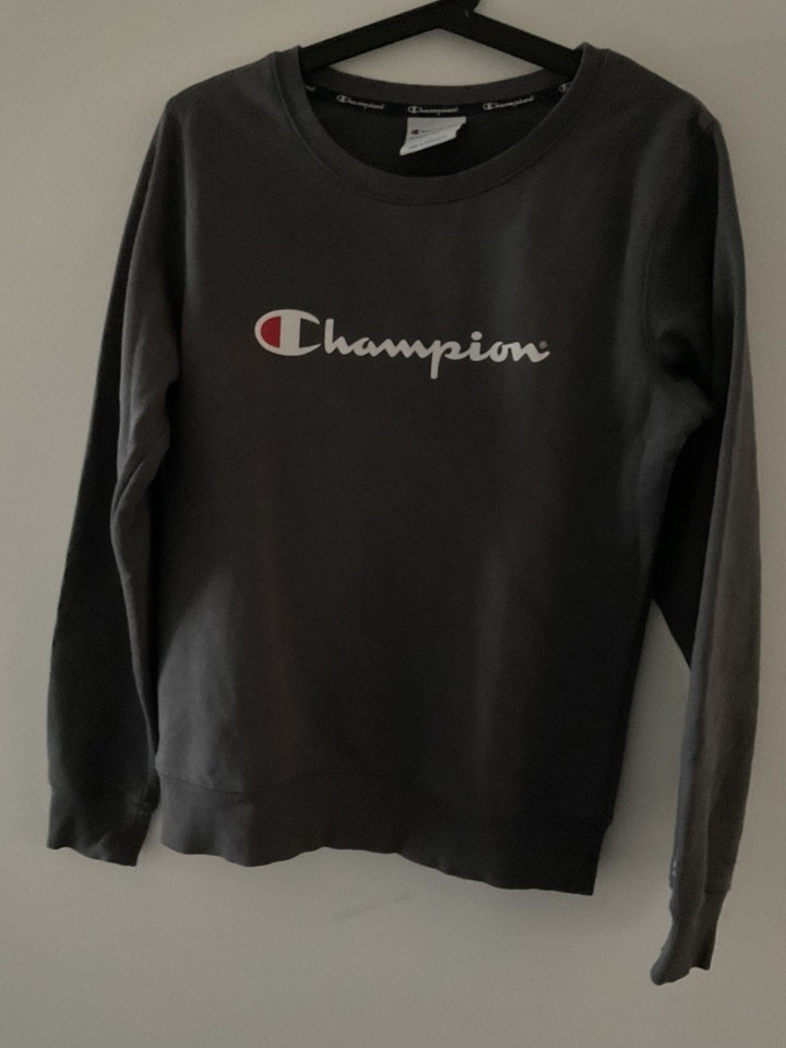 Champion Ladies Grey Crew Neck Pullover Sweatshirt Logo Long Sleeve Size S