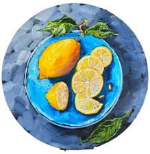 Lemons Hand Painted Oil Painting Round 30cm Vegan Original Oil Painting on Canvas