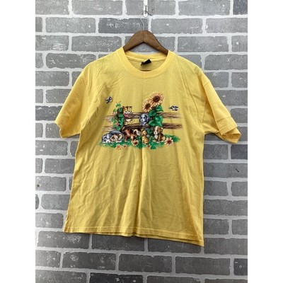 Time 2 Celebrate Yellow Puppy Kitten Sunflower Graphic T-Shirt Vintage Style L