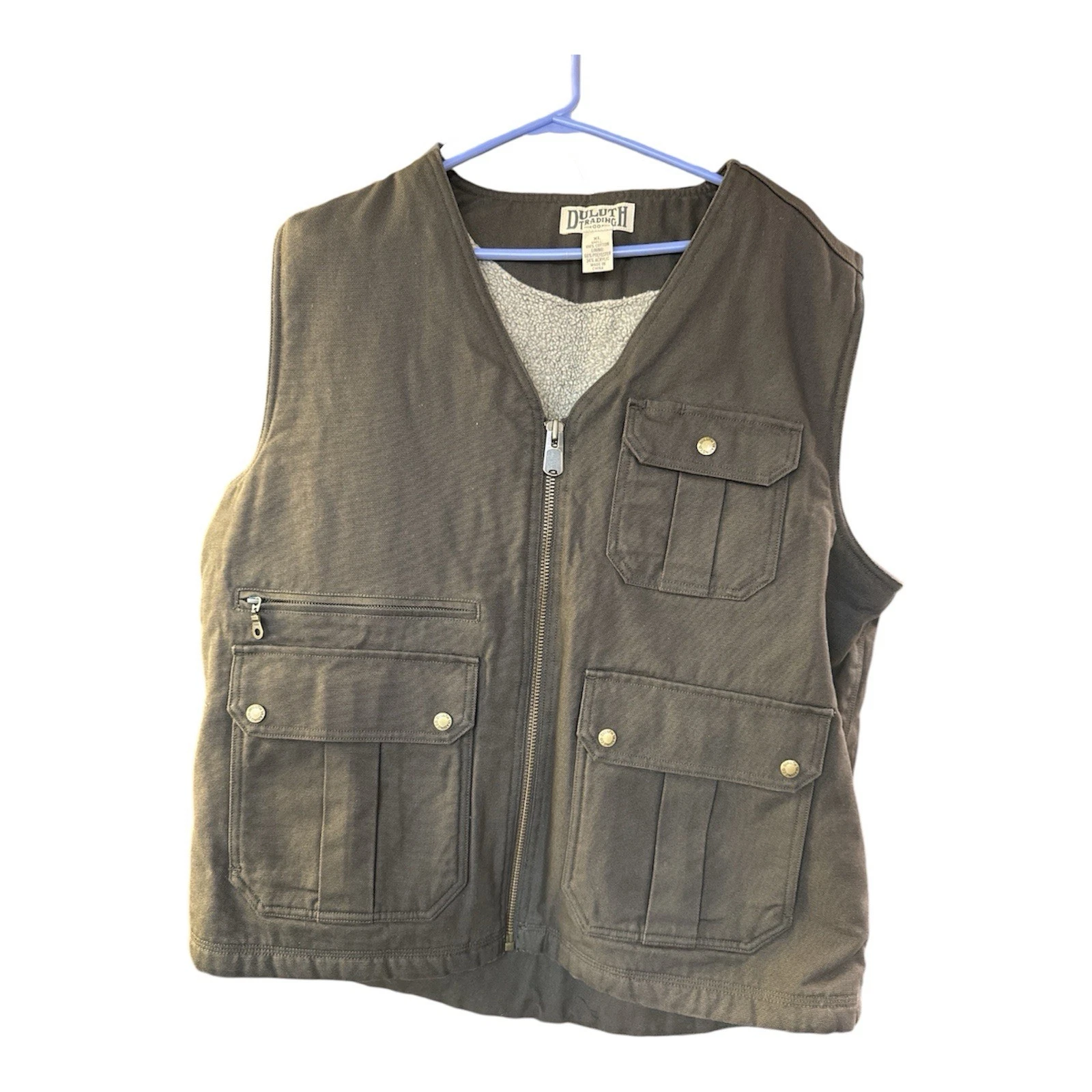 Duluth Trading Vest Mens XL Gray Cotton Canvas Fleece Lined Hunting Outdoors