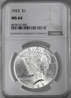1923-P  $1 PEACE SILVER DOLLAR  "PHILADELPHIA MINT"  NGC MS64 #8678137-020