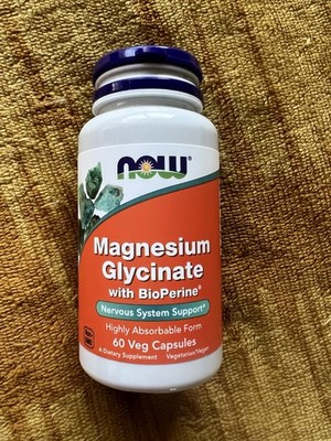 NOW Magnesium Glycinate 200mg with BioPerine 60 Veg Capsules Exp 07/2027