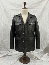 Mens Black Leather Field Jacket 4 Pocket Butt...