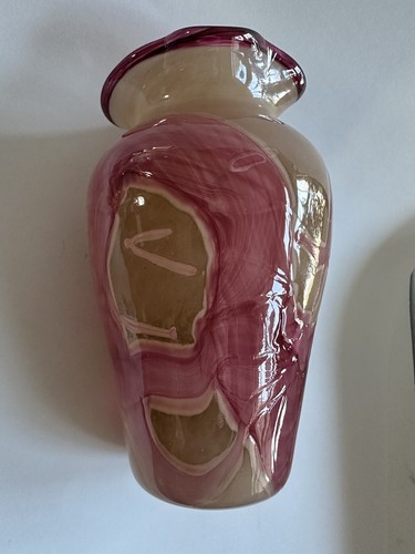 Vintage 1999 Art Glass Vase Hand Blown Abstract Signed Red Pink Tan Cranberry - Picture 12 of 23