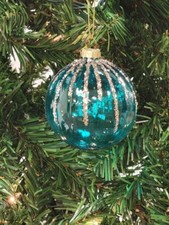 Wizardi Turquoise and Gold Striped Ball Glass Christmas Ornament F07M7-11-LH7...