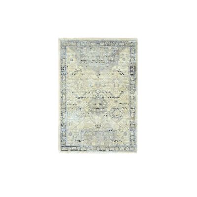 2'1''x3' White Oushak Hand Knotted Pure Silk and Textured Wool Mat Rug R75483