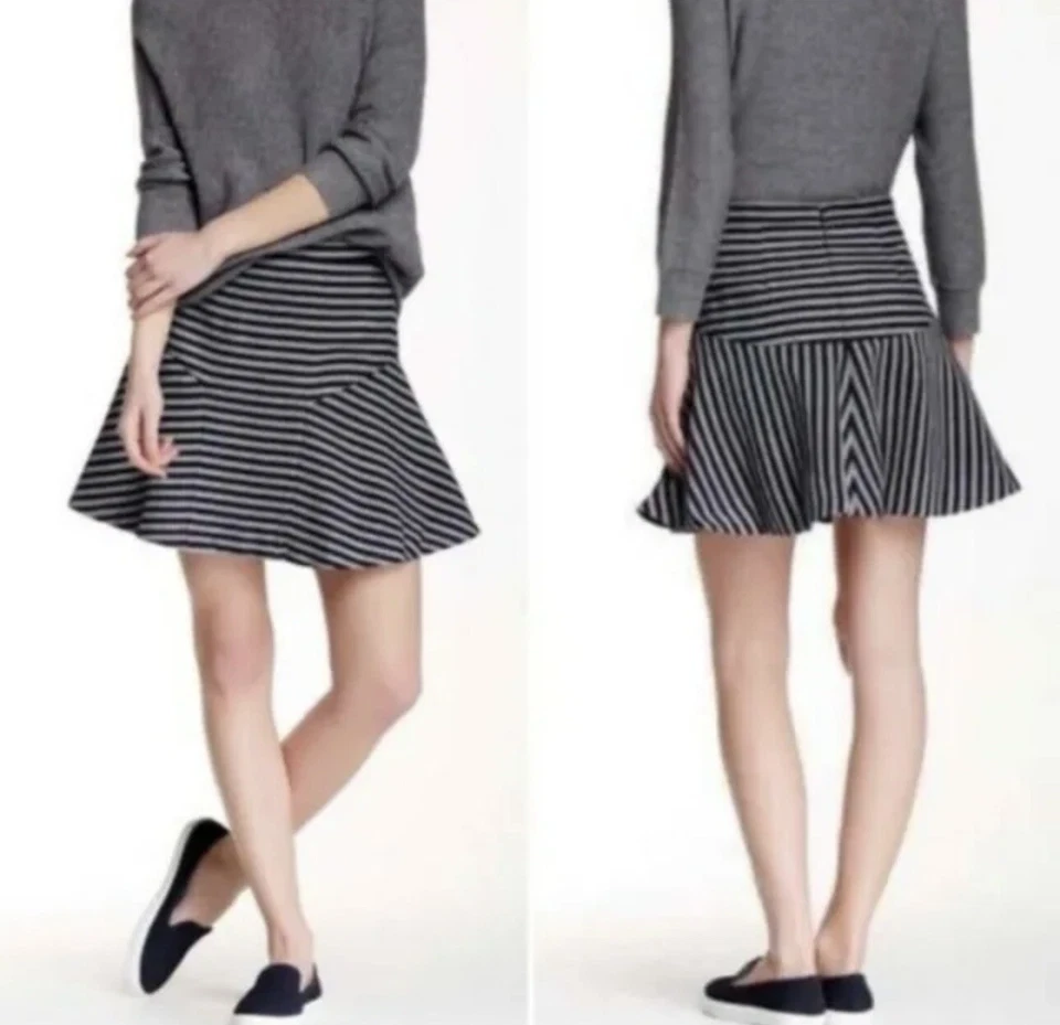 J.Crew 裙 12 羊毛粗花呢海军蓝条纹 PLAZA 喇叭迷你高腰 — 第 2/4 张图片
