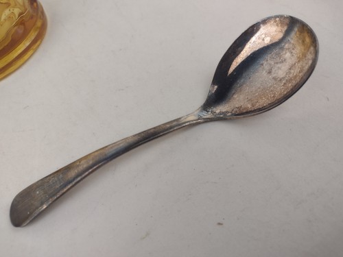Vintage Amber Glass Jam Jar Thumbprint Silverplate Spoon Sheffield England - Picture 12 of 14