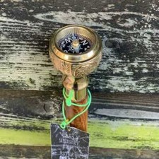 Vintage Solid Brass Stylish Compass Handle Hard Wood Folding Walking Stick Cane